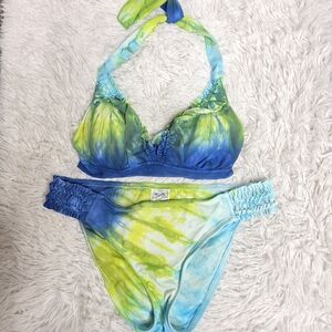 Lucky Brand Tie Dye Ruffle Halter Bikini Set Blue & Green Y2K